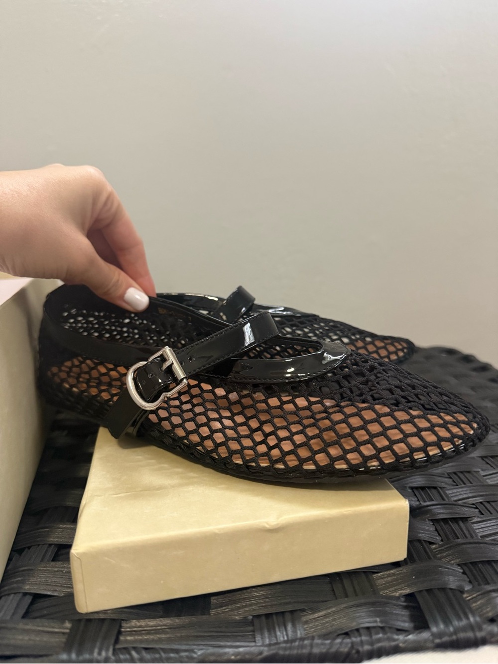 Amazon Black Mesh Mary Jane Sandals with Patent Strap
